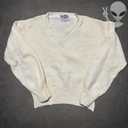 1950s Rugby V-Neck Pullover Sweater Womens XS Cream Wool Knit Vintage