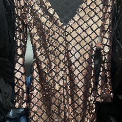 Gold Black Sequin Mini Cocktail Long Sleeve Dress - Size Small 
