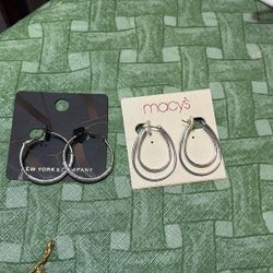 Earrings Sets-2 Silver, Each Is About 1 1/4 - 1 1/2 Inch Hoop - Brand New 