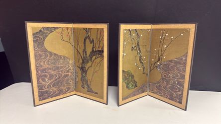 Vintage Japanese Style Folding Screen Art Panels – Set of 2