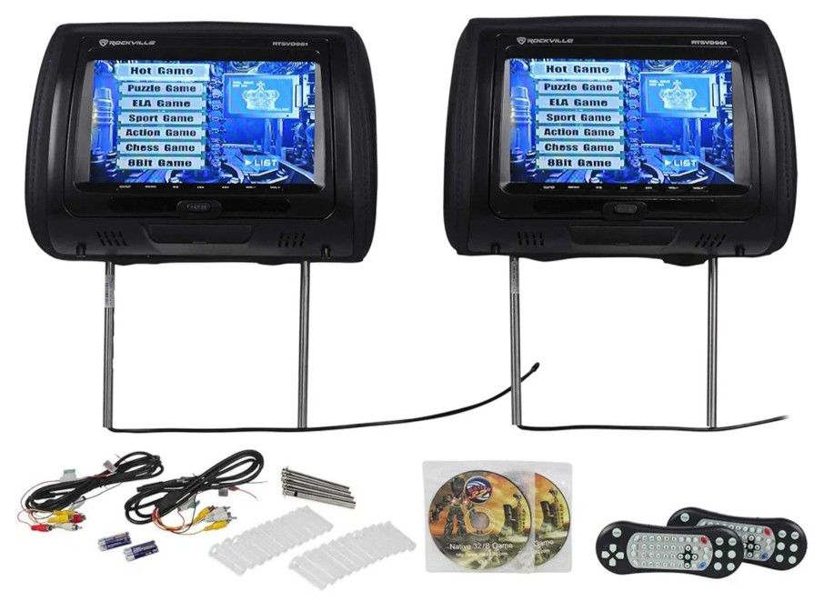 Rockville RTSVD961-BK 9” Black Touchscreen Dual DVD/HDMI Car Headrest Monitors with covers and remotes