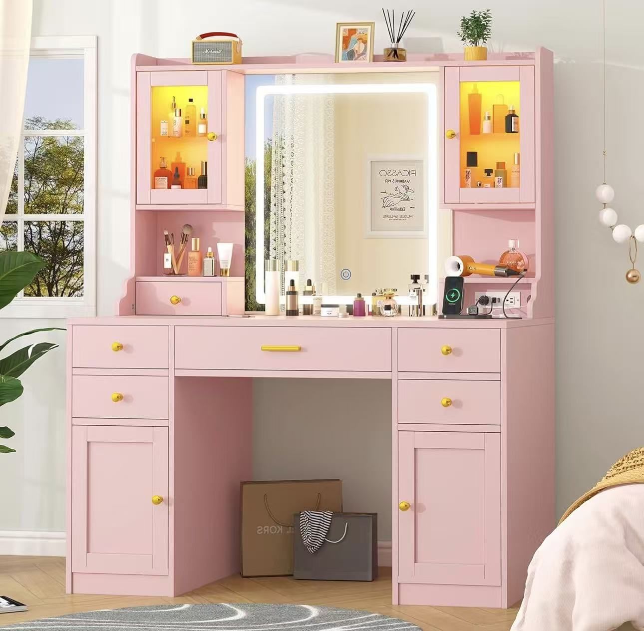 Vanity Desk with LED Lighted Mirror, 41.3" Makeup Vanity Table with Power Outlet and 6 Drawers & Storage Shelves for Bedroom, Dressing Table with RGB