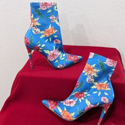 ALDO Blue Satin Floral Ankle Boots for Women Size 9