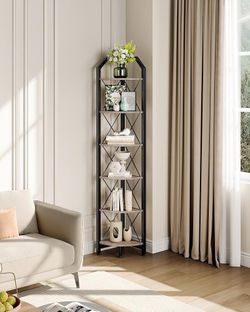 6-Tier Corner Bookshelf with Metal Frame