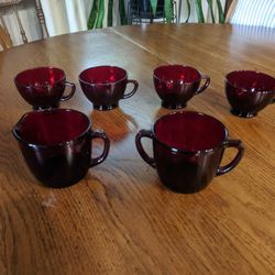 Vintage Mid Century Ruby Red Depression Glass Creamer And Sugar with 4 cups