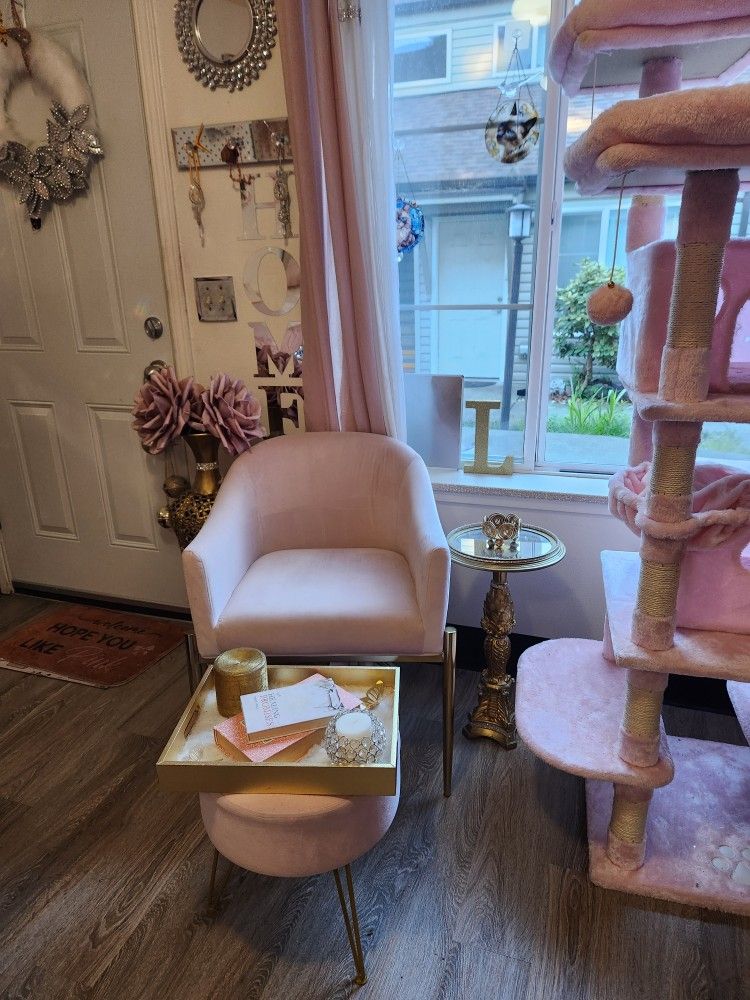 Chair,stool,vase And Flowers, Table, And Tray With Accessories