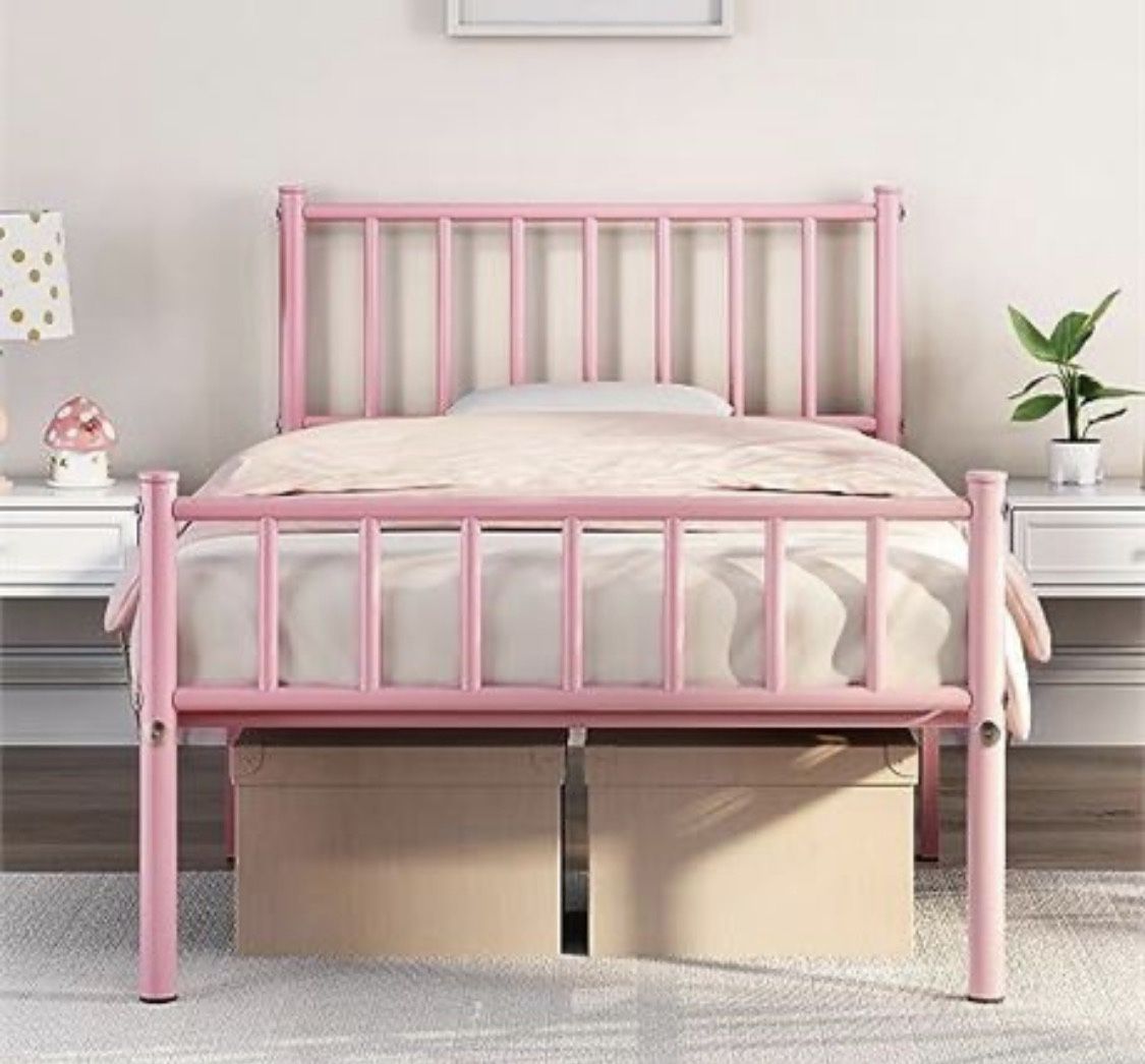 🌸 Twin Size Pink Metal Bed Frame – No Box Spring Needed!