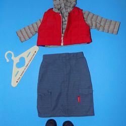 Retired American Girl Urban Meet Outfit Red Vest Denim Skirt Hoodie Top & Shoes