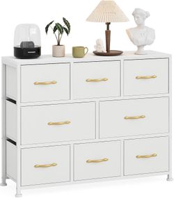 8 Drawers Dresser, Large Fabric Dressers & Chest of Drawers with Sturdy Metal Frame, Wood Top, White  /Black