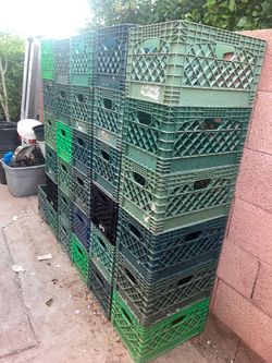 Lot of Plastic Milk Crates Green Blue Storage Boxes Containers