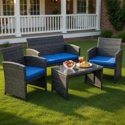 4 PCS Outdoor Rattan Furniture Set w/ Cushioned Chair & Coffee Table - Navy