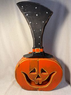 Wooden Halloween Jack-o'-Lantern with Witch Hat