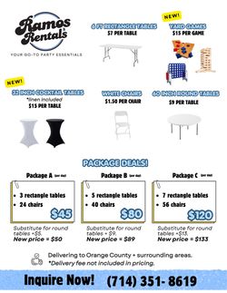 Come order your next party or meeting chairs and tables