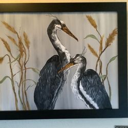 Beautiful Pair Of Herons Original Painting 
