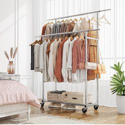 Double Rod Clothing Garment Rack, Rolling Clothes Organizer on Wheels for Hanging Clothes,with 4 hooks, Chrome