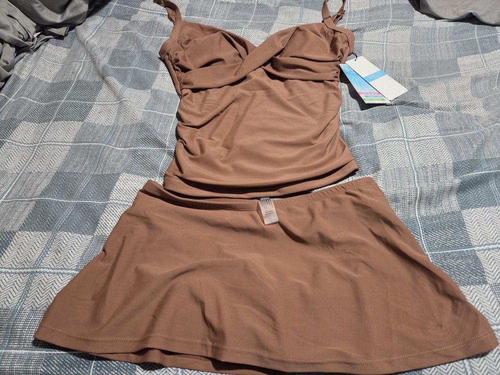 Brown Two Piece Tankini Skirt Set Size Small