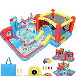 AKEYDIY Inflatable Bounce House Water Slide, Adventure A-Maze Waterslide,Obstacle Bounce House w/Slide for Racing Fun, Climbing, Jumping Castle House,
