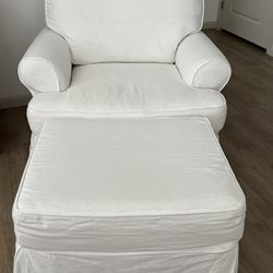 Rachel Ashwell Shabby Chic Couture Slipcovered Squadgy Chair And Custom Ottoman White Linen 