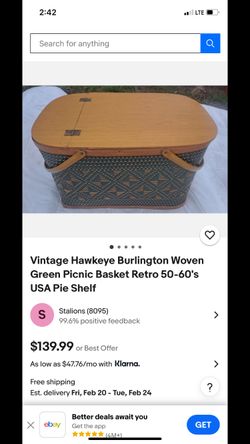 Vintage Hawkeye Burlington Woven Green Picnic Basket 