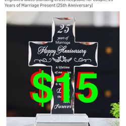 25th Wedding Anniversary Religious Cross Gifts for Women Men, 25 Year Anniversary Romantic Gift for Him Her, Laser Engraved Glass Standing Cross Keeps
