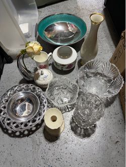 Assorted Vintage Home Decor Lot - Crystal, Porcelain, and Metalware