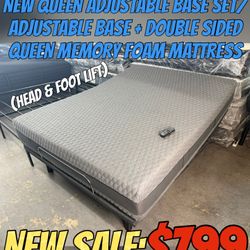 NEW QUEEN ADJUSTABLE BASE SET/ADJUSTABLE BASE + DOUBLE SIDED QUEEN MEMORY FOAM MATTRESS 