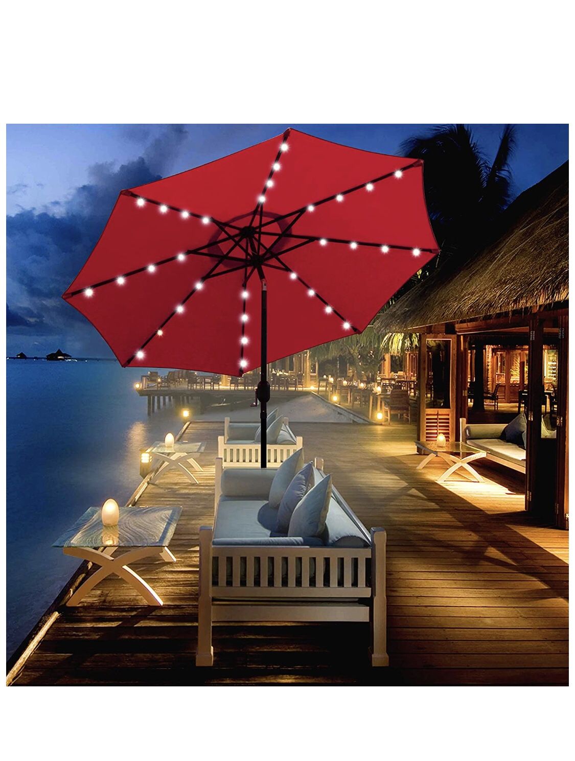 9 ft Solar Umbrella 32 LED Lighted Patio Umbrella Table Market Umbrella with Tilt and Crank Outdoor Umbrella for Garden, Deck, Backyard, Pool