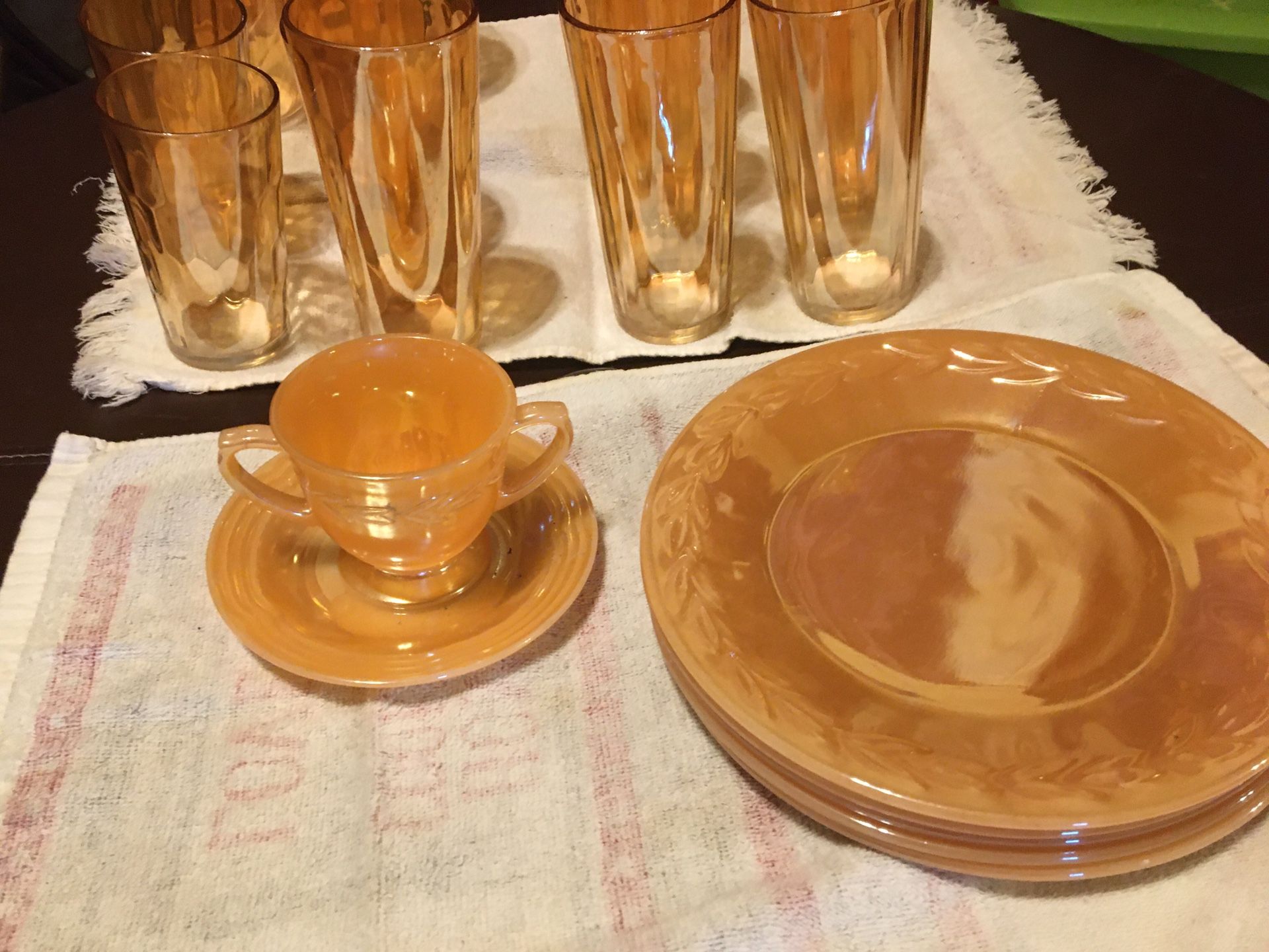 Peach luster plates and glasses