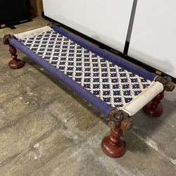 Vintage Woven Cord Bench – Blue & White Geometric Pattern, Turned Wood Legs