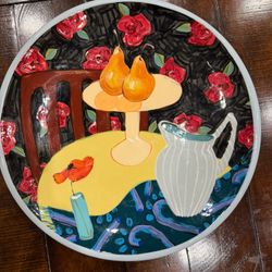 Droll Designs Large 17” Round Colorful Glazed Pottery Platter