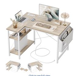 L-Shaped Desk with Outlets, Shelves, Storage- NEW