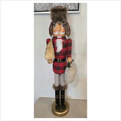 Large 3FT Rustic Plaid Woodsman Nutcracker – Faux Fur Hat, Tree & Sack Decor