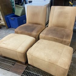 Pair Of Tan Leather Chairs With Ottomans