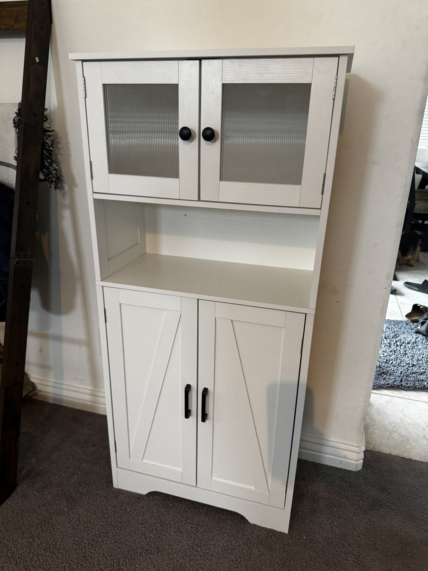 Tuekys 50" Bathroom Cabinet, Freestanding Floor Linen Storage Cabinet, Kitchen Pantry Storage Cabinet with Glass Doors & Adjustable Shelves, Standing 