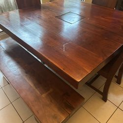 Solid Mango wood dining room table, chairs and bench