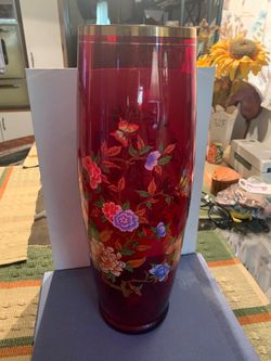 Italian Norleans Very Large Vase Ruby Red w/ Butterflies & Flowers made in Paru