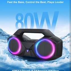 Bluetooth Speaker 80W(Peak)Loud with Bass, 20H Playtime, IPX7 Waterproof, RGB Lights, TWS, black