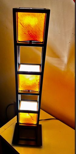 Three Light Tower Dorian Bronze Amber Art Glass Table Lamp