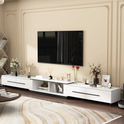 133.9" Modern White/Black TV Console Cabinet with Adjustable Length, Drawers and Legs
