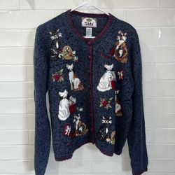 Retro Cardigan Sweater XL Cata Kittens Tiara International Y2K Embroidered