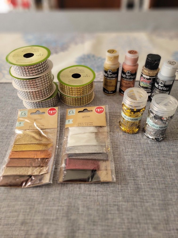 Lot of Crafting Supplies, Paint, Ribbon, Glitter