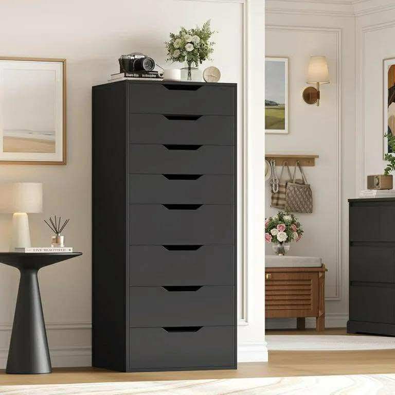 Tall Black Dresser, 8 Drawer Dresser with Groove Handles, Black Tall Dressers, Modern Chest of Drawers with Large Storage Space