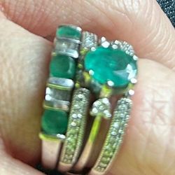 Emerald and Diamond wedding set 14K White Gold Size  7.