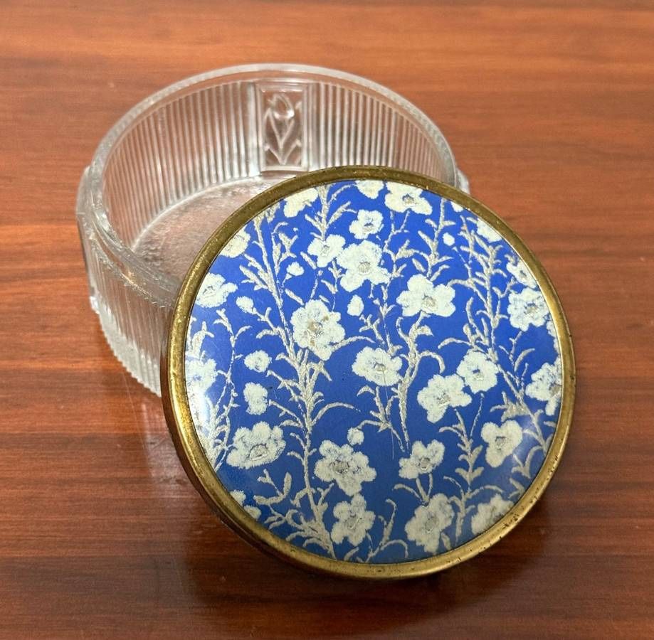 Vintage Vanity Powder Jar Clear Ribbed Depression Glass Boudoir Trinket Jewelry Box