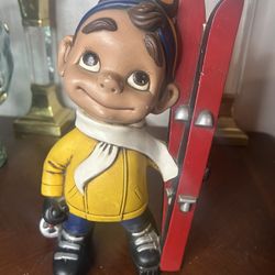 Vintage 1970s Hand Painted 12” Atlantic Mold Smiley Skier Boy Ceramic Figurine