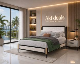 Queen  size bed frame Boucle Upholstered Platform Bed, Metal Bed Frame, Wooden Slats Support J-16