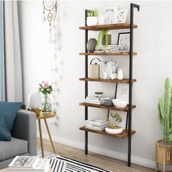 AWQM Ladder Shelf, 5 Tier Open Wall Mounted Bookshelf  with Metal Frame, Black+Walnut