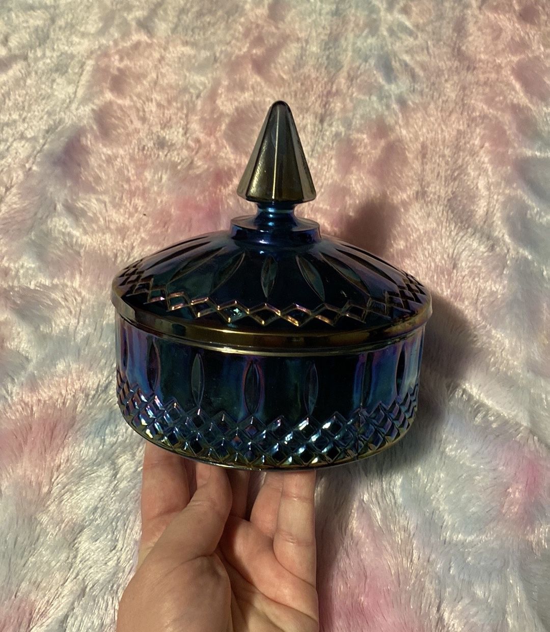 Vintage Blue Carnival Glass Candy Dish with Lid