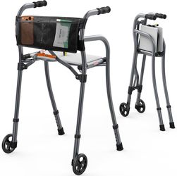 NEW Folding Walker for Seniors with Seat,Lightweight Foldable Standard Walker 5-inch Wheels,Aluminum Narrow Walkers for Small Spaces,Travel Walker,Rol