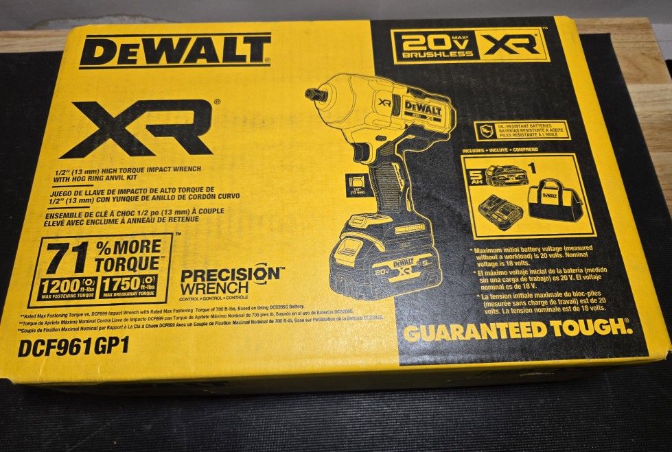 NEW DEWALT 20V XR 1/2" HIGH TORQUE Impact Wrench Kit Bundle w/ 5Ah Battery & Charger DCF961